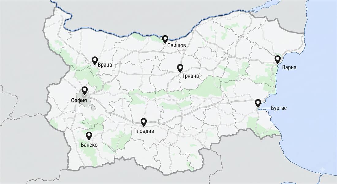 Карта на България с монтажните екипи на КолкоТок в София, Пловдив, Варна, Бургас, Враца, Свищов, Трявна и Банско